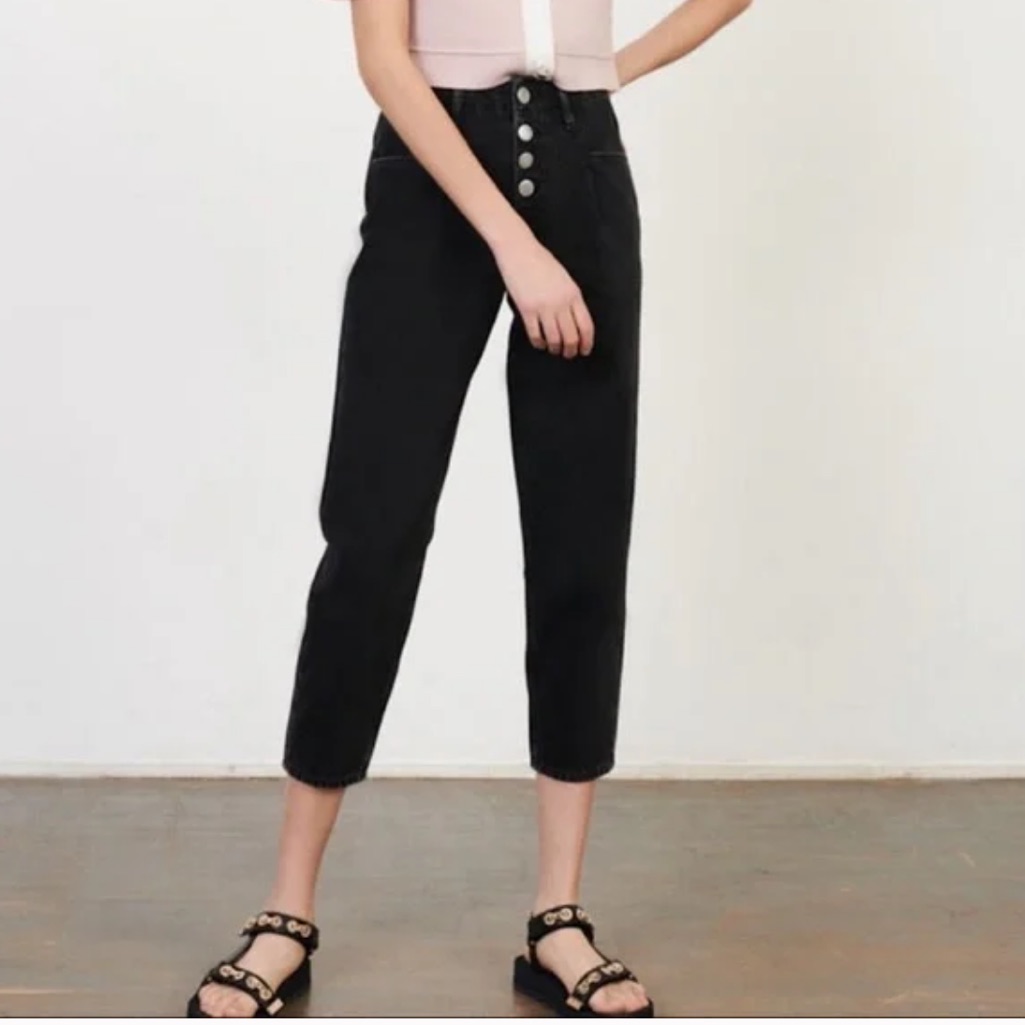 Maje High Rise Button Fly Cropped Black Denim Pant 34 / Xs